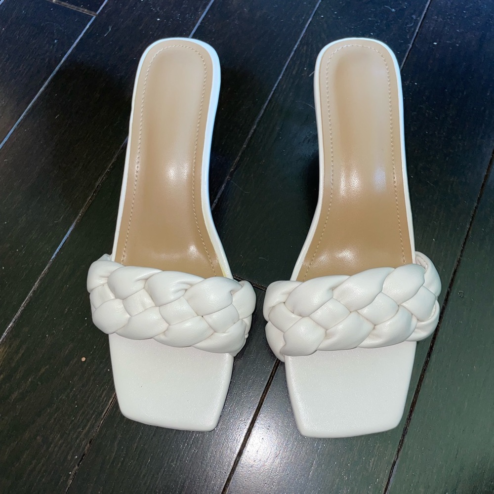 White braided heel sandals